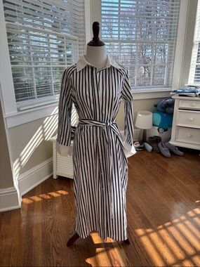 Women's Navy & White Vertical Stripe Long Sleeve Shirt Dress with Tie Waist